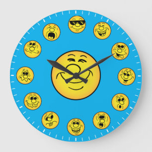 Grande Horloge Ronde Visages et expressions drôles en émoticônes jaunes