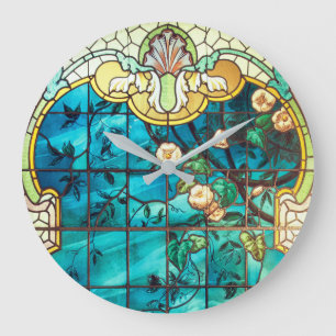 Grande Horloge Ronde Vitrail Art nouveau floral victorien