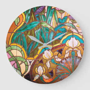 Grande Horloge Ronde Vitrail Art nouveau look floral