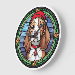Grande Horloge Ronde Vitrail de Noël Beagle
