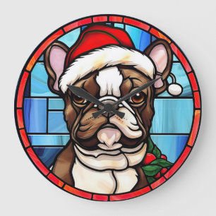 Grande Horloge Ronde Vitrail de Noël Bouledogue Français