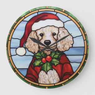 Grande Horloge Ronde Vitrail de Noël Caniche
