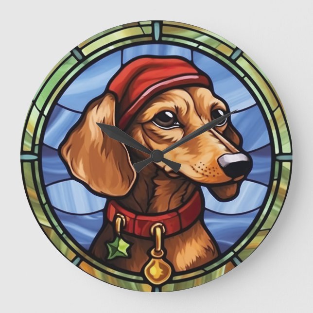 Grande Horloge Ronde Vitrail de Noël Teckel (Recto)