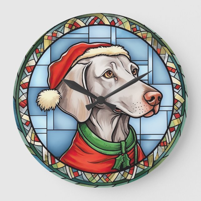 Grande Horloge Ronde Vitrail de Noël Weimaraner (Recto)