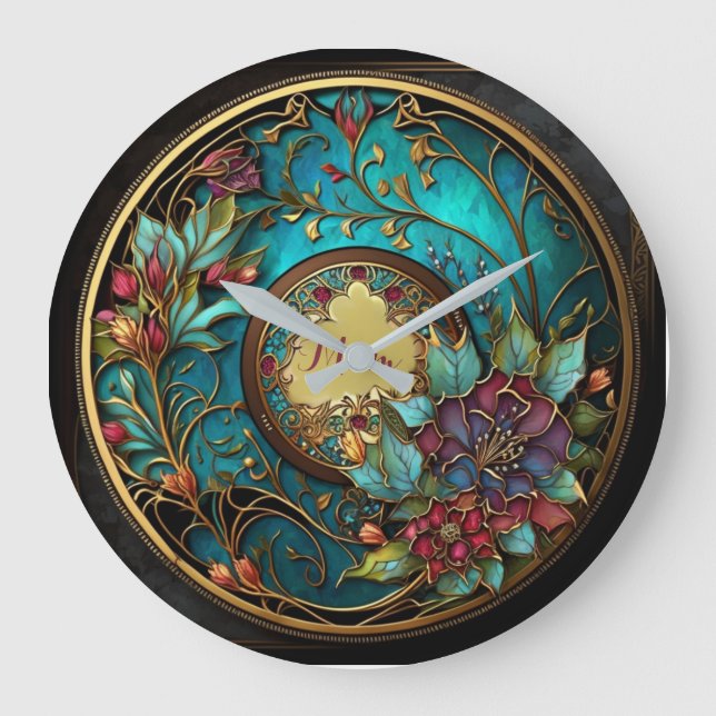 Grande Horloge Ronde Vitrail Turquoise et rose Abstrait Fête des Mères (Recto)
