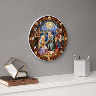 Grande Horloge Ronde Vitraux de la Nativité de Noël