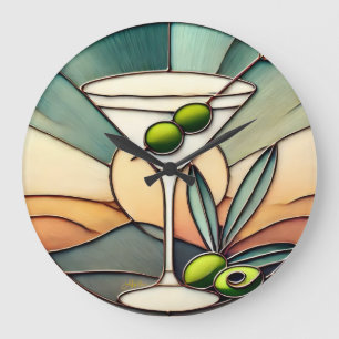 Grande Horloge Ronde Vitraux de style milieu de siècle 2 Olive Martini