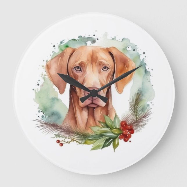 Grande Horloge Ronde Vizsla Christmas Wreath Festive Pup (Recto)