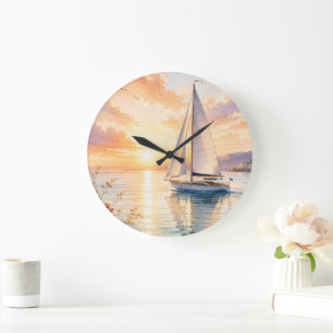 Grande Horloge Ronde Voilier de luxe à l'aube Aquarelle