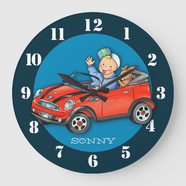 Grande Horloge Ronde Voiture Jouet Rouge Personnalisée Garçon & Chien H (Recto)