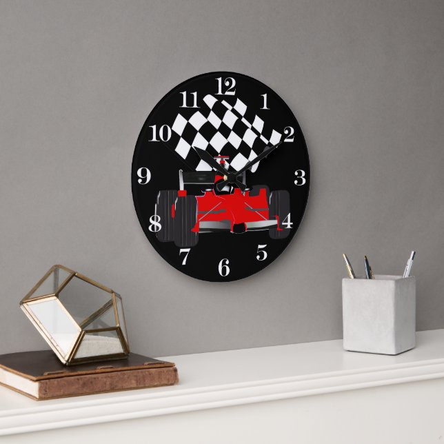 Grande Horloge Ronde Voiture Red Race avec drapeau À damiers (Bureau)