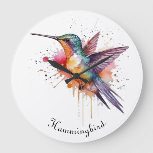 Grande Horloge Ronde Vol de couleurs, colibri à l'aquarelle personnalis