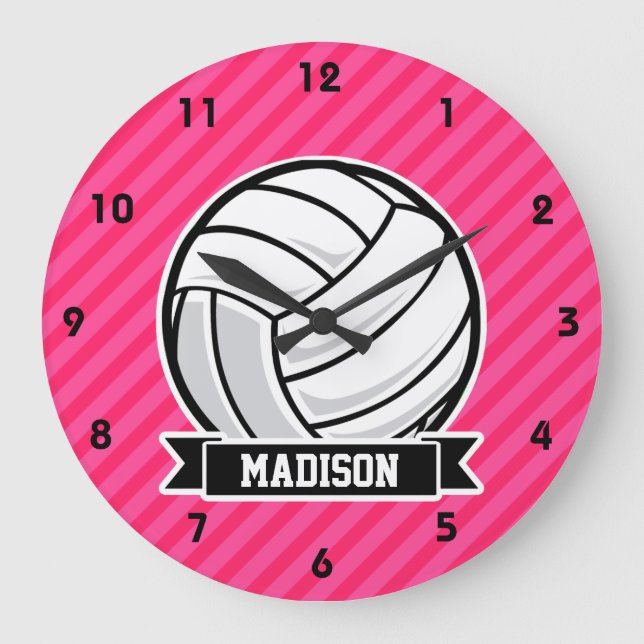 Grande Horloge Ronde Volley-ball sur Neon Pink Stripes (Recto)