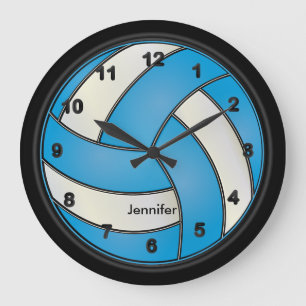 Grande Horloge Ronde Volleyball   Bleu bébé et blanc