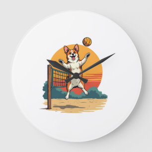 Grande Horloge Ronde Volleyball Corgi Vintage Illustration Vectoriel Co