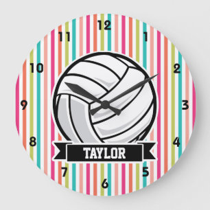 Grande Horloge Ronde Volleyball personnalisé sur des rayures colorées
