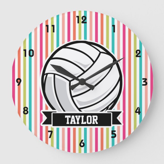 Grande Horloge Ronde Volleyball personnalisé sur des rayures colorées (Recto)