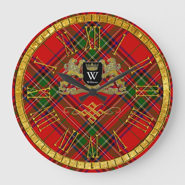 Grande Horloge Ronde Votre manteau d'armoiries Monogramme et Tartan (Recto)