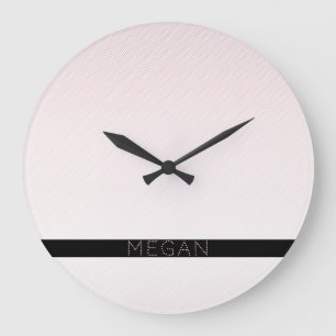 Grande Horloge Ronde Votre nom   Minces rayures ombrées roses blanches 
