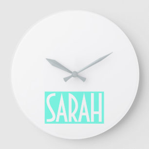 Grande Horloge Ronde Votre nom   Texte blanc gras sur Aqua brillant