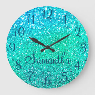 Grande Horloge Ronde Votre photo avec des chiffres et un nom en bleu oc