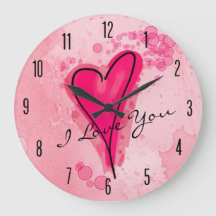 Grande Horloge Ronde VOTRE TEXTE Aquarelle rose Coeur