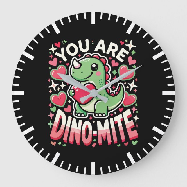 Grande Horloge Ronde Vous êtes Dino-Mite - Jolie Dinosaur Saint Valenti (Recto)