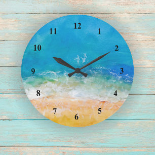 Grande Horloge Ronde Vue de la plage à l'aquarelle 