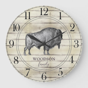 Grande Horloge Ronde Walking Bison Buffalo Rustic Wood Nom de famille