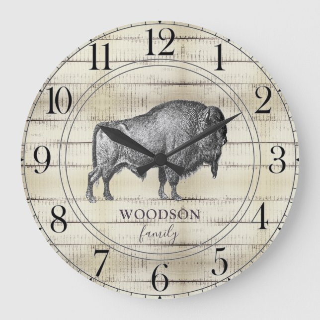 Grande Horloge Ronde Walking Bison Buffalo Rustic Wood Nom de famille (Recto)