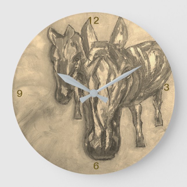 Grande Horloge Ronde Wall Clock Horses in Sepia (Recto)