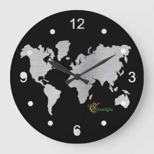 Grande Horloge Ronde Wall Clock silver world map