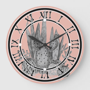 Grande Horloge Ronde Watercolor , cactus , succulents