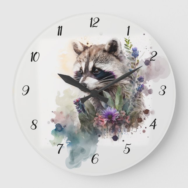 Grande Horloge Ronde Watercolor Cute Raccoon Spring Flowers       (Recto)