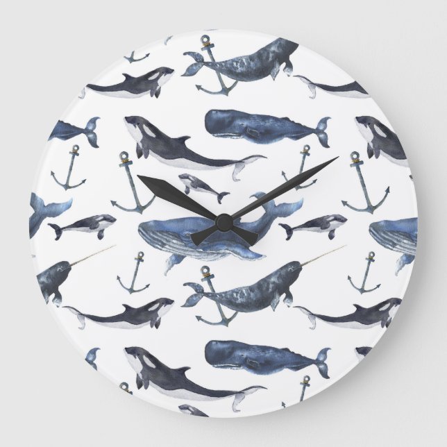 Grande Horloge Ronde Watercolor Whale & Anchor Pattern (Recto)