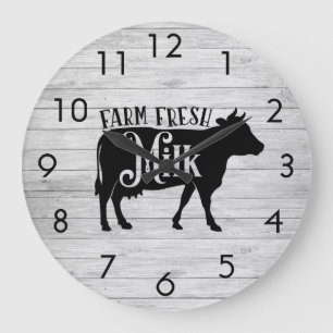 Grande Horloge Ronde Weathered Barnboards Cow Silhouette