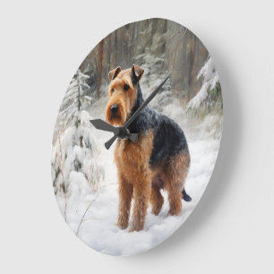 Grande Horloge Ronde Welsh Terrier Laisser Neige Noël