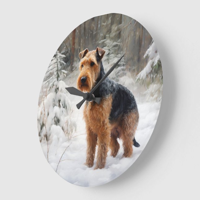 Grande Horloge Ronde Welsh Terrier Laisser Neige Noël (Angle)
