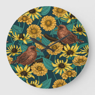 Grande Horloge Ronde Wens et fleurs sur bleu foncé
