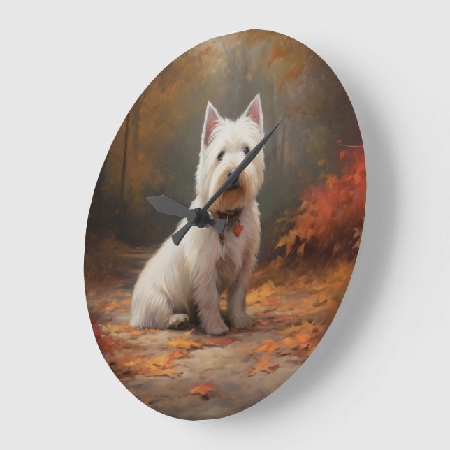 Grande Horloge Ronde West Highland White Terrier à l'automne Leaves aut (Angle)