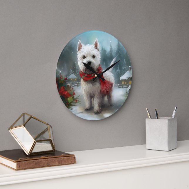 Grande Horloge Ronde West Highland White Terrier Dog dans la neige Noël (Bureau)