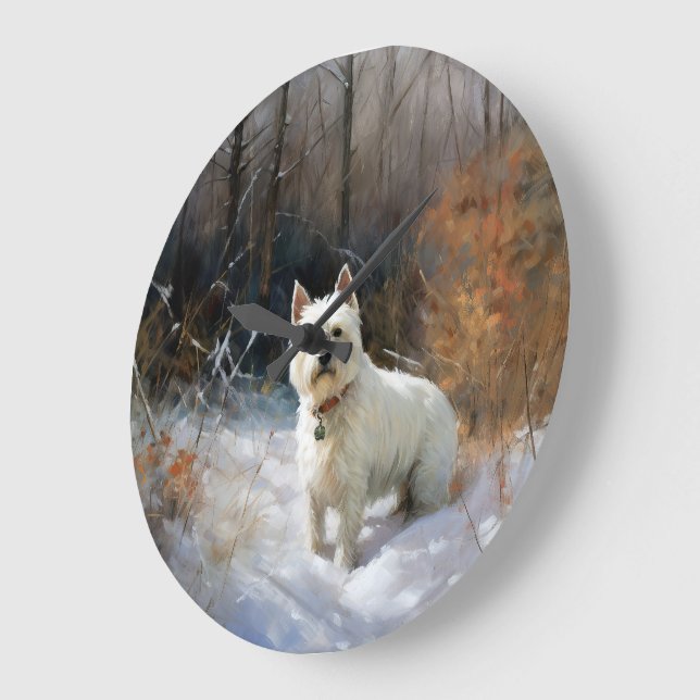 Grande Horloge Ronde West Highland White Terrier Laissons neiger Noël (Angle)