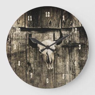 Grande Horloge Ronde Western Bull Skull Vintage Brown Rustic Wood Barn
