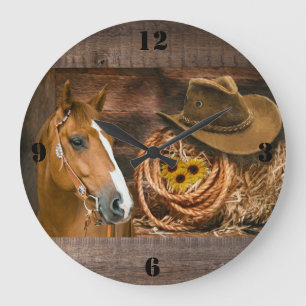 Grande Horloge Ronde Western Horse Cowboy Hat Lasso Sunflowers 