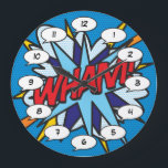 Grande Horloge Ronde WHAM Fun Retro Comic Book Pop Art<br><div class="desc">Des horloges pop comic super-héros branchées qui ajouteront une touche de couleur à une gamme de pièces autour de votre maison ou bureau. Une façon idéale de vous offrir ou de traiter quelqu'un que vous connaissez avec ces horloges de dessinateur de bande dessinée cool et unique. Pourquoi ne pas ajouter...</div>