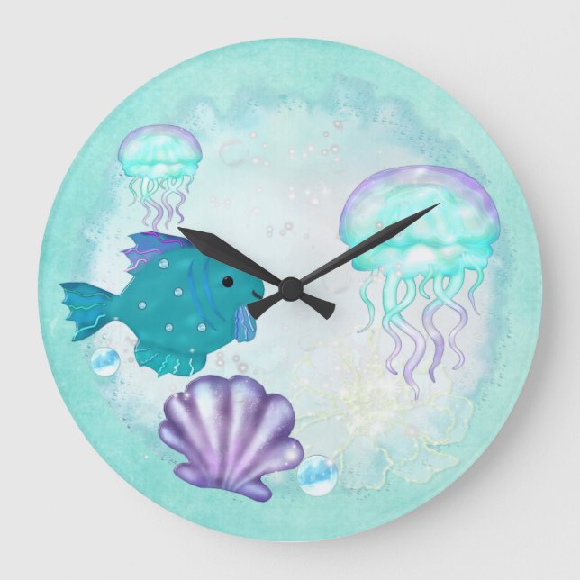 Grande Horloge Ronde Whimsey Aquarium 2 Folk Art (Recto)