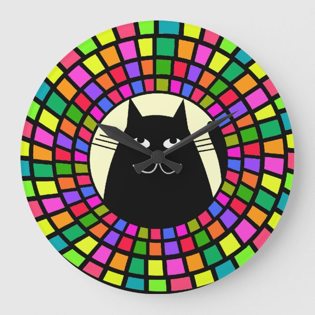 Grande Horloge Ronde Whimsical Black Cat Clock Mosaic Style Art 2 (Recto)