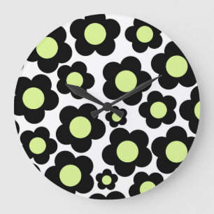 Grande Horloge Ronde Whimsical Black & Lime Green Floral Retro Gourme