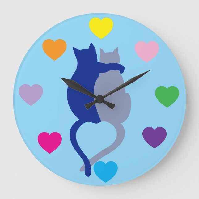 Grande Horloge Ronde Whimsical Blue Cat Clock with Rainbow Hearts (Recto)