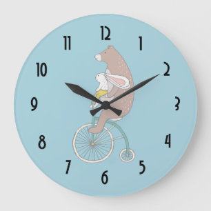 Grande Horloge Ronde Whimsical Bunny and Bear Riding a Bike